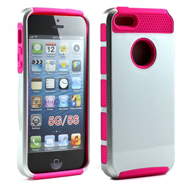 Wholesale iPhone 5S 5 Slim Armor Hybrid Case (Silver HotPink)